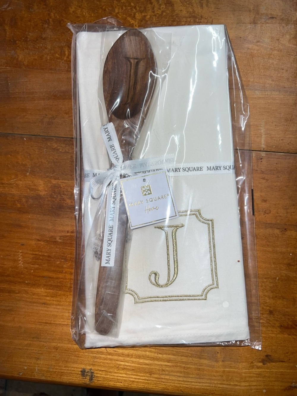 Mary Square Home Cream Monogram 'J' Kitchen Towel & Wooden Spoon Set